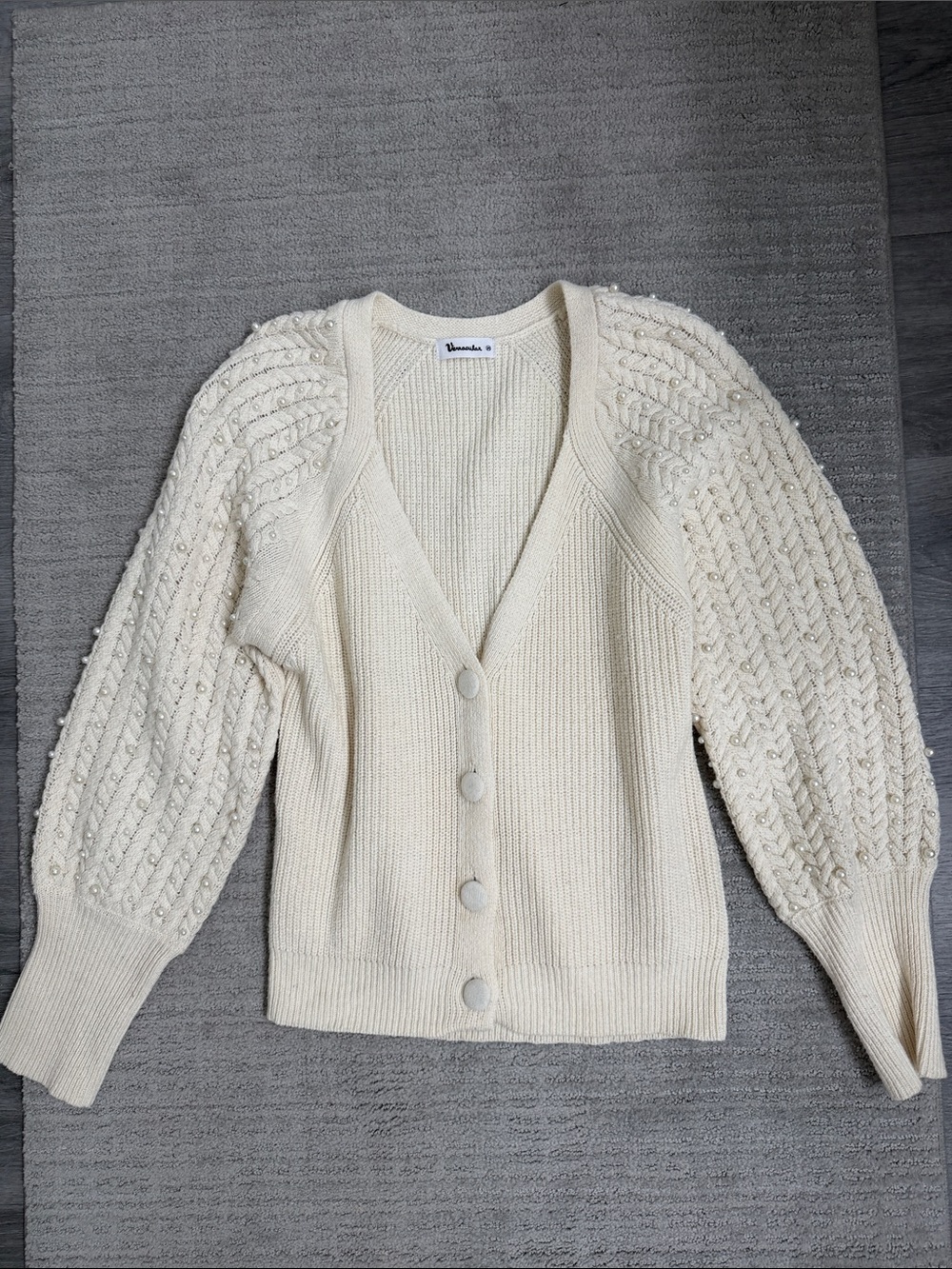 Ivory Pearl-Accent Cable Knit Button Cardigan
